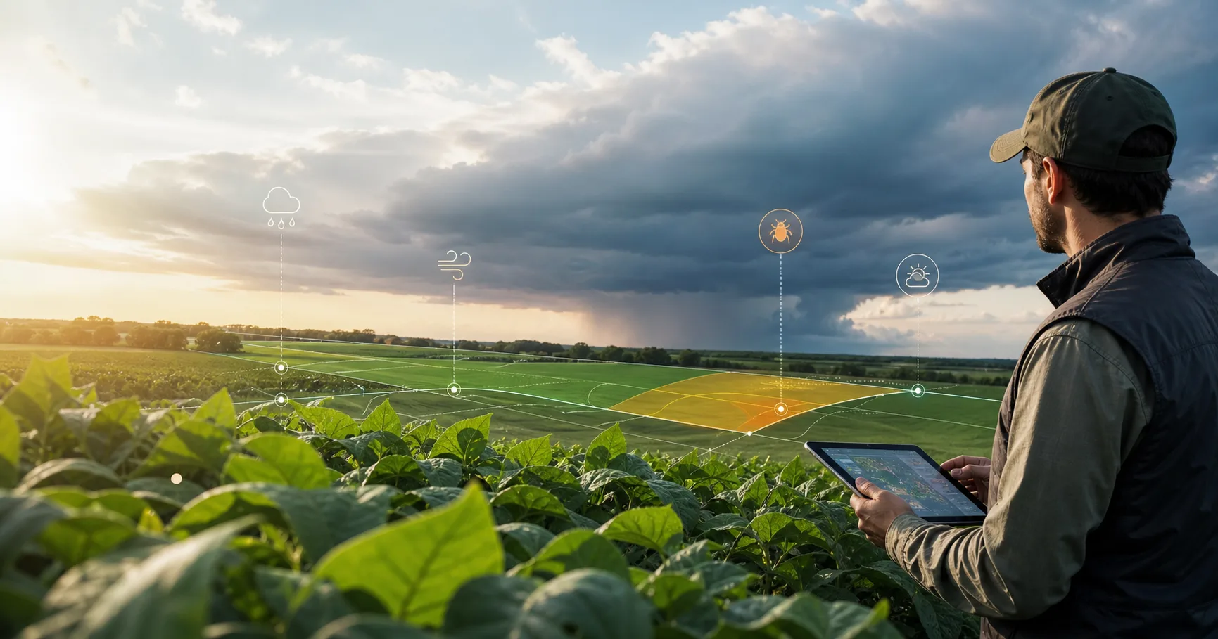 Agronomist reviewing phytosanitary and weather alerts before field intervention