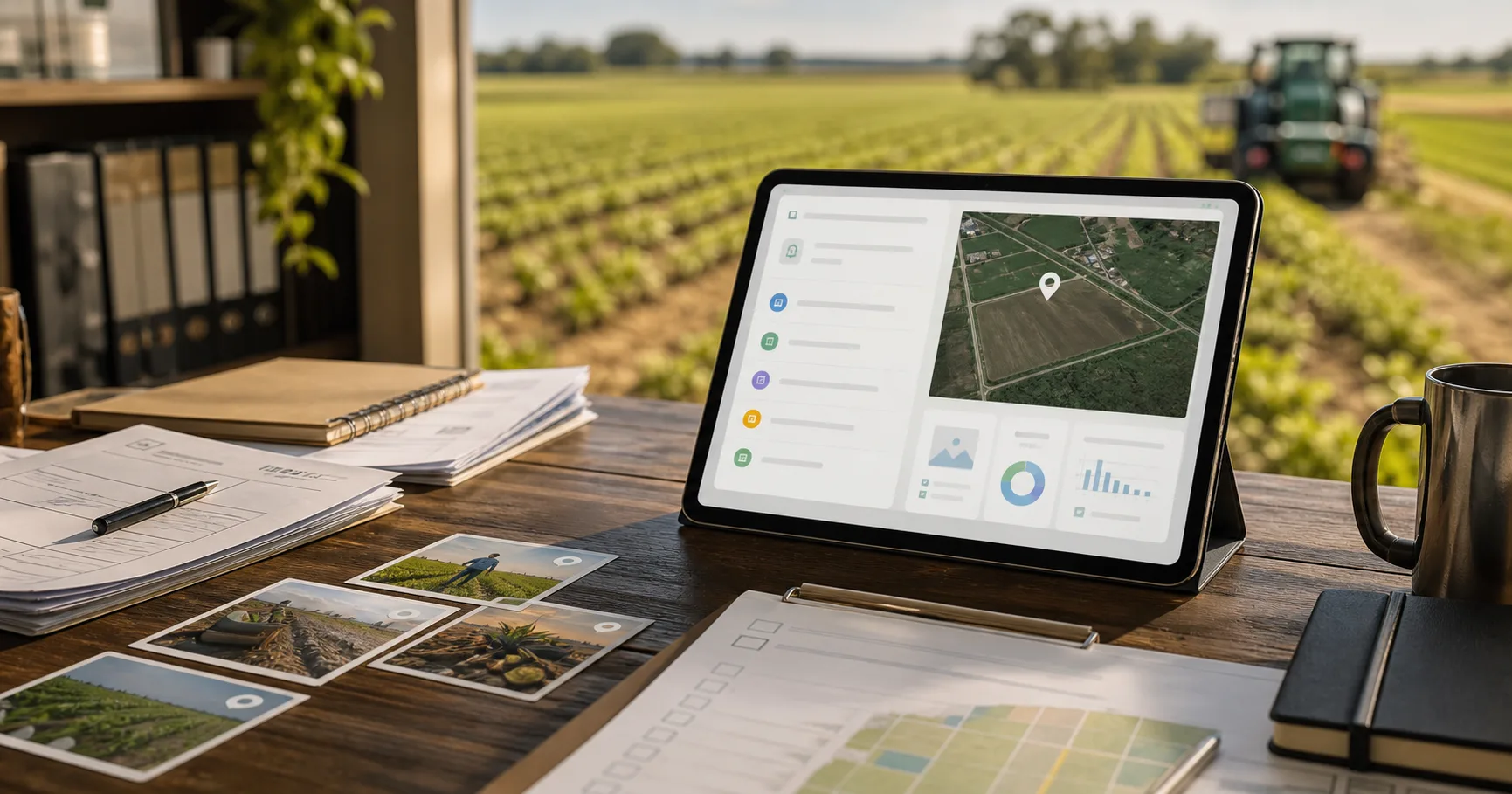 Tablet with digital farm records connected to maps and field evidence