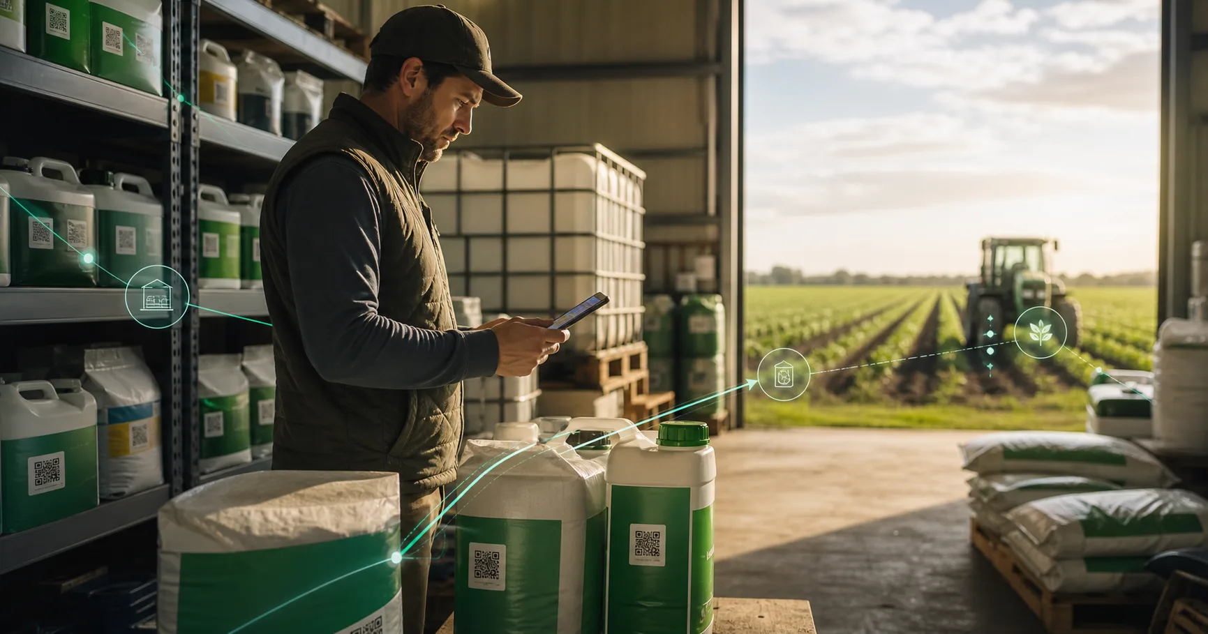 Worker scanning agricultural inputs in a connected warehouse