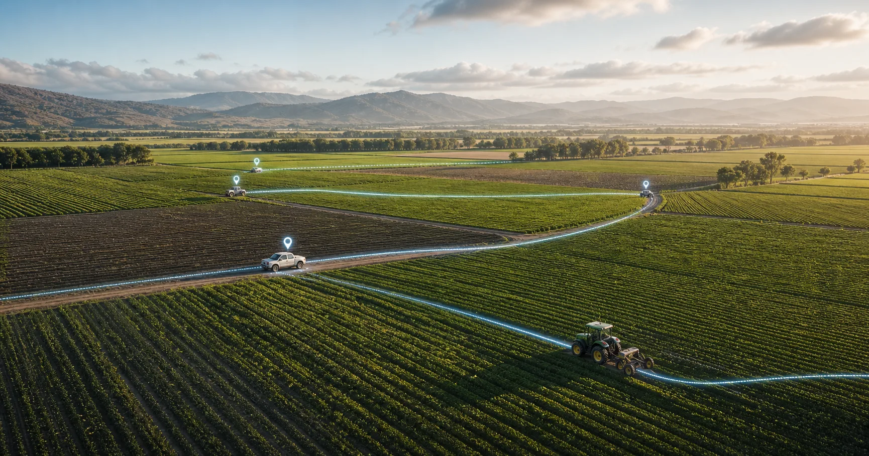 Rotas GPS conectando veículos agrícolas e equipes de campo